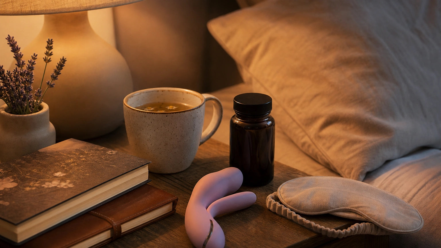 Nightstand with a book, journal, herbal tea, magnesium supplement, and sleep mask for a calming adult bedtime routine