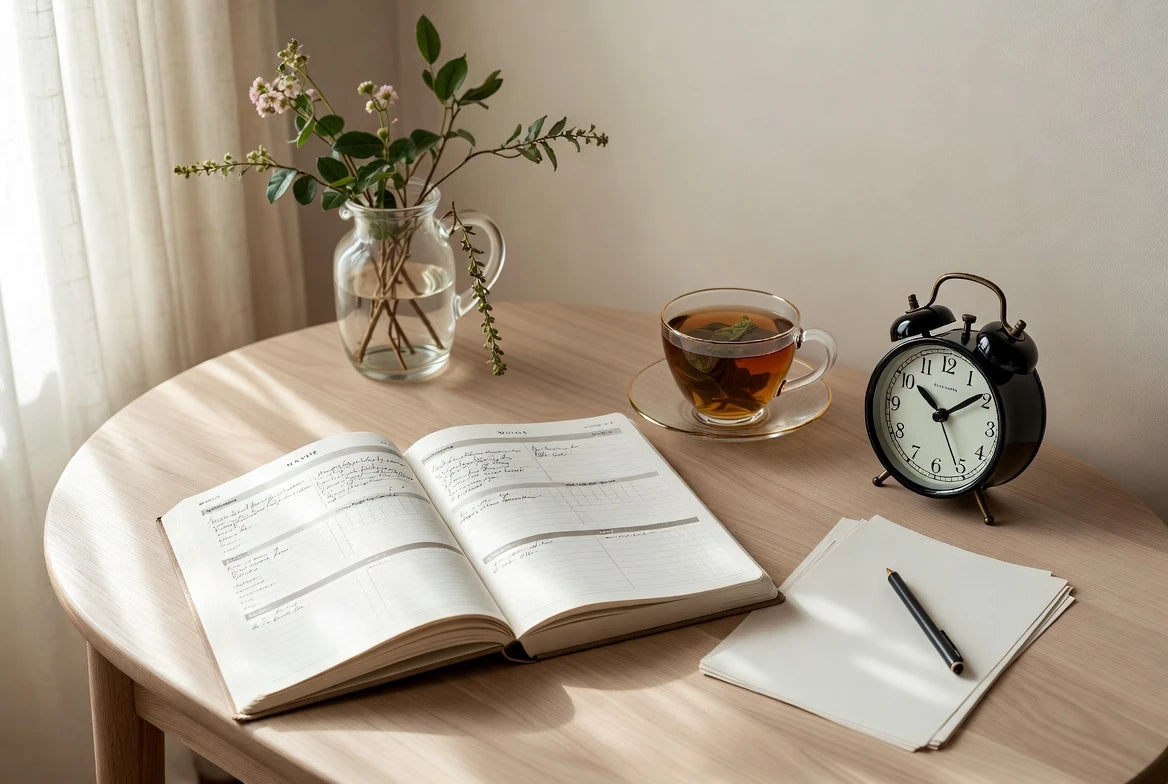 Menstrual cycle journal and tea on a desk used for tracking hormone-related symptom patterns