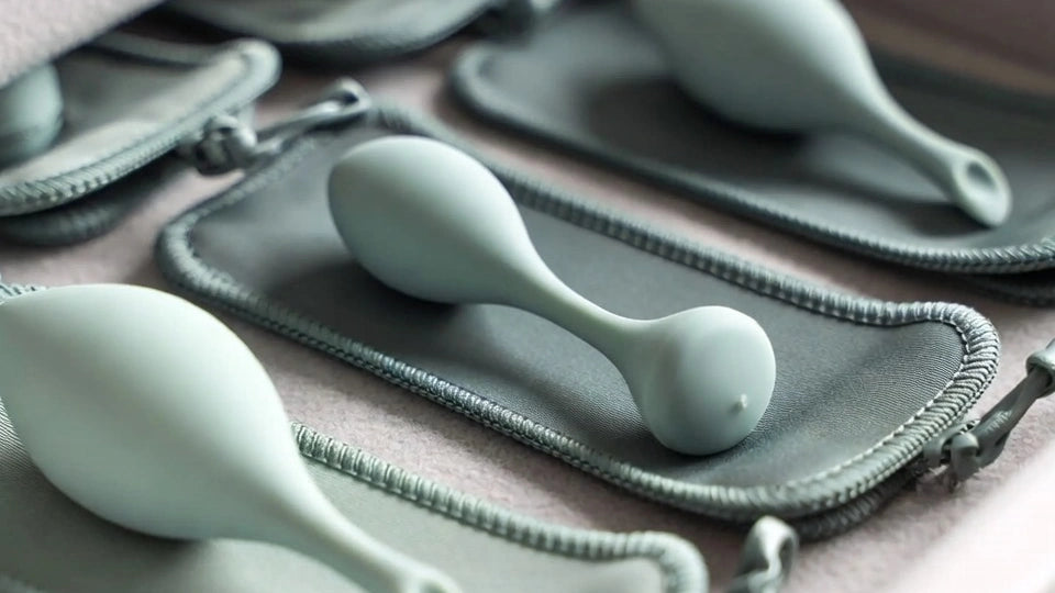 Clean silicone wellness devices stored separately in soft pouches inside a neat drawer for discreet, protected storage.