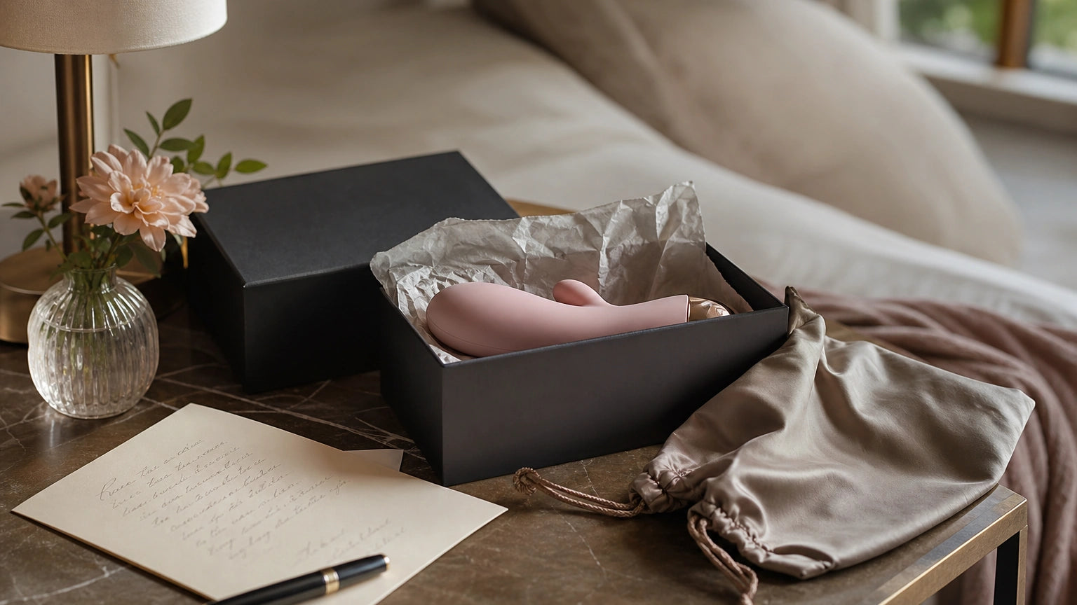 Discreet silicone vibrator presented with tissue paper, fabric pouch, and handwritten note in an elegant gift box