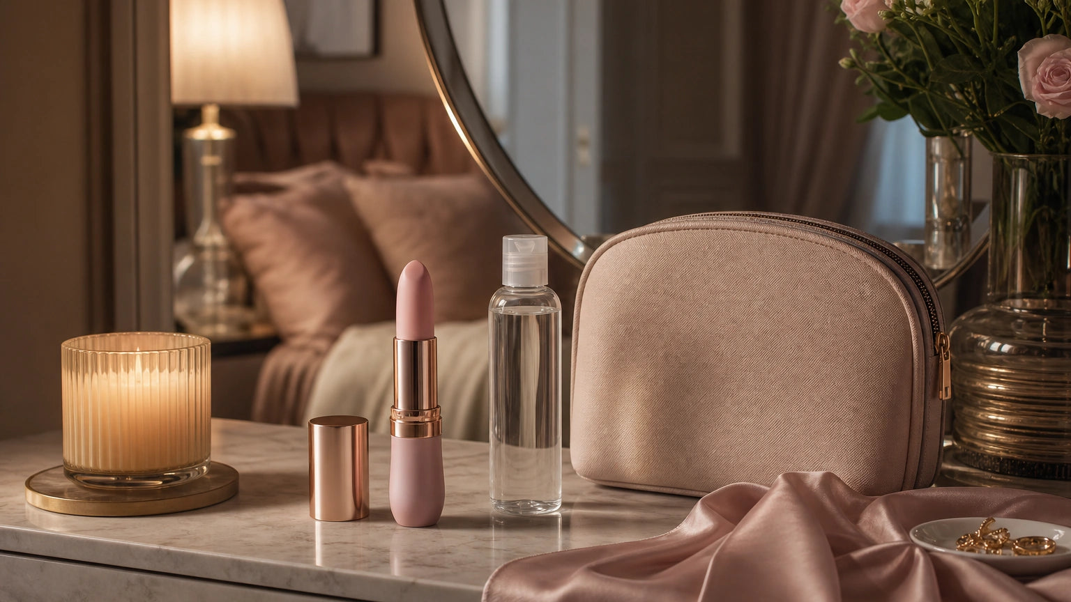 Lipstick-style vibrator, water-based lubricant, candle, and cosmetics pouch arranged as a discreet intimate wellness