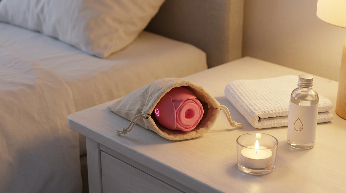 Vibrator stored in fabric pouch with lubricant and towel — cleaning and care guide by Xindari