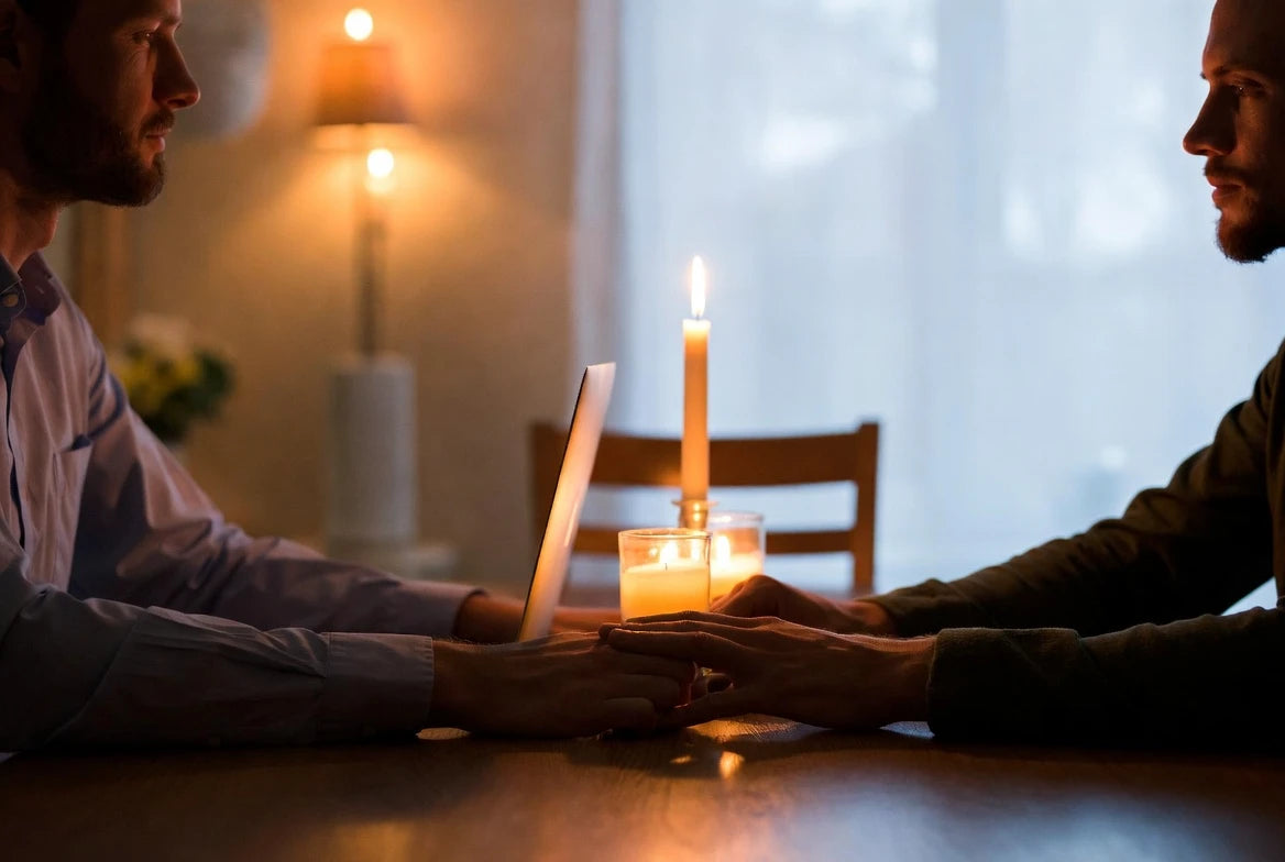 Couple touching hands across a table during an intentional low-pressure evening together