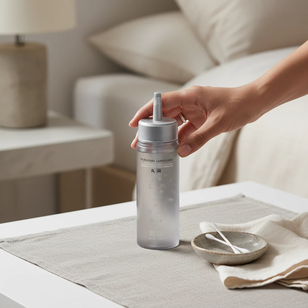 Xindari water-based lubricant on a bedroom nightstand prepared for a relaxing intimate wellness routine