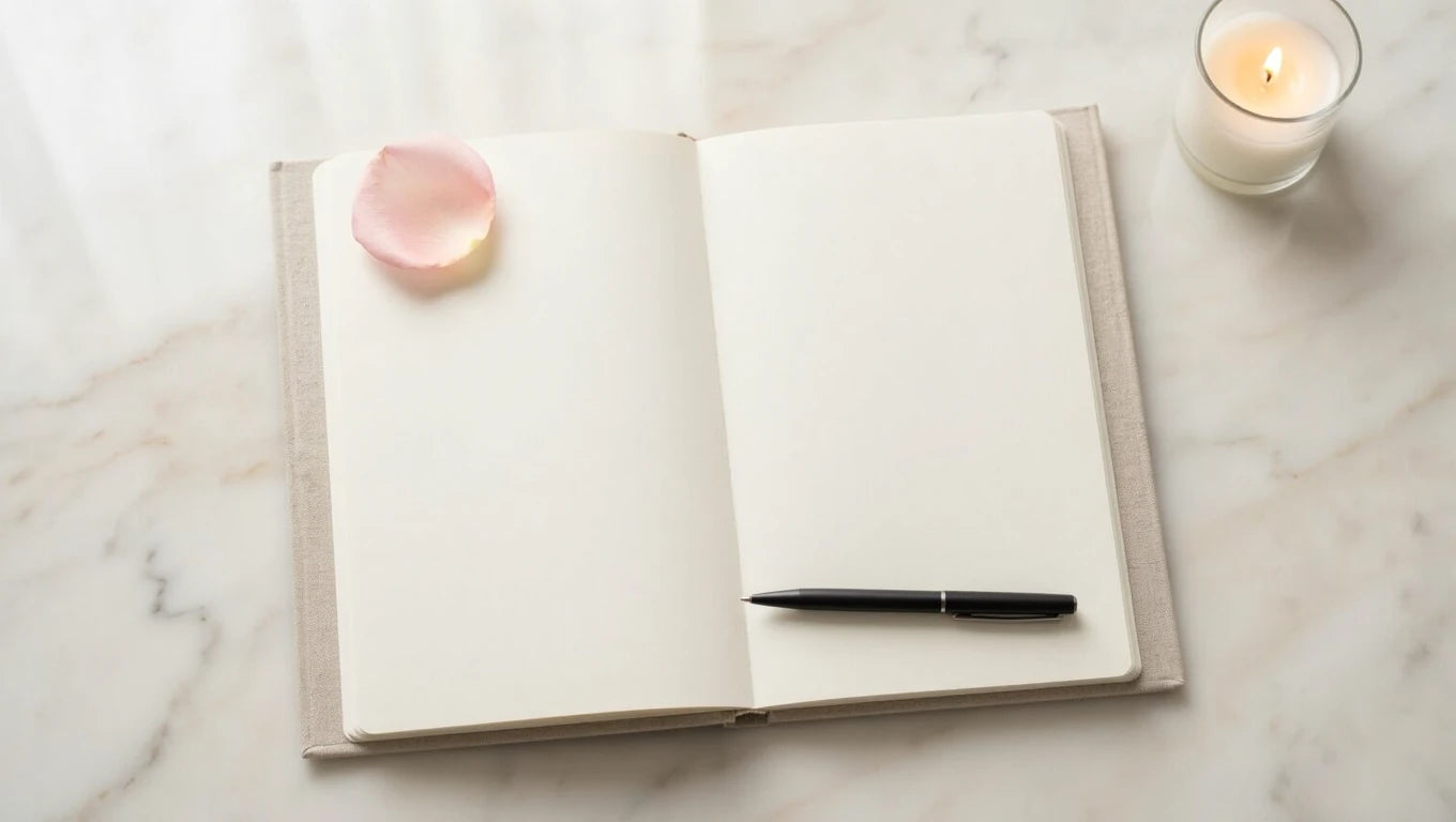 A blank journal and candle — space for personal reflection on body acceptance and self-knowledge
