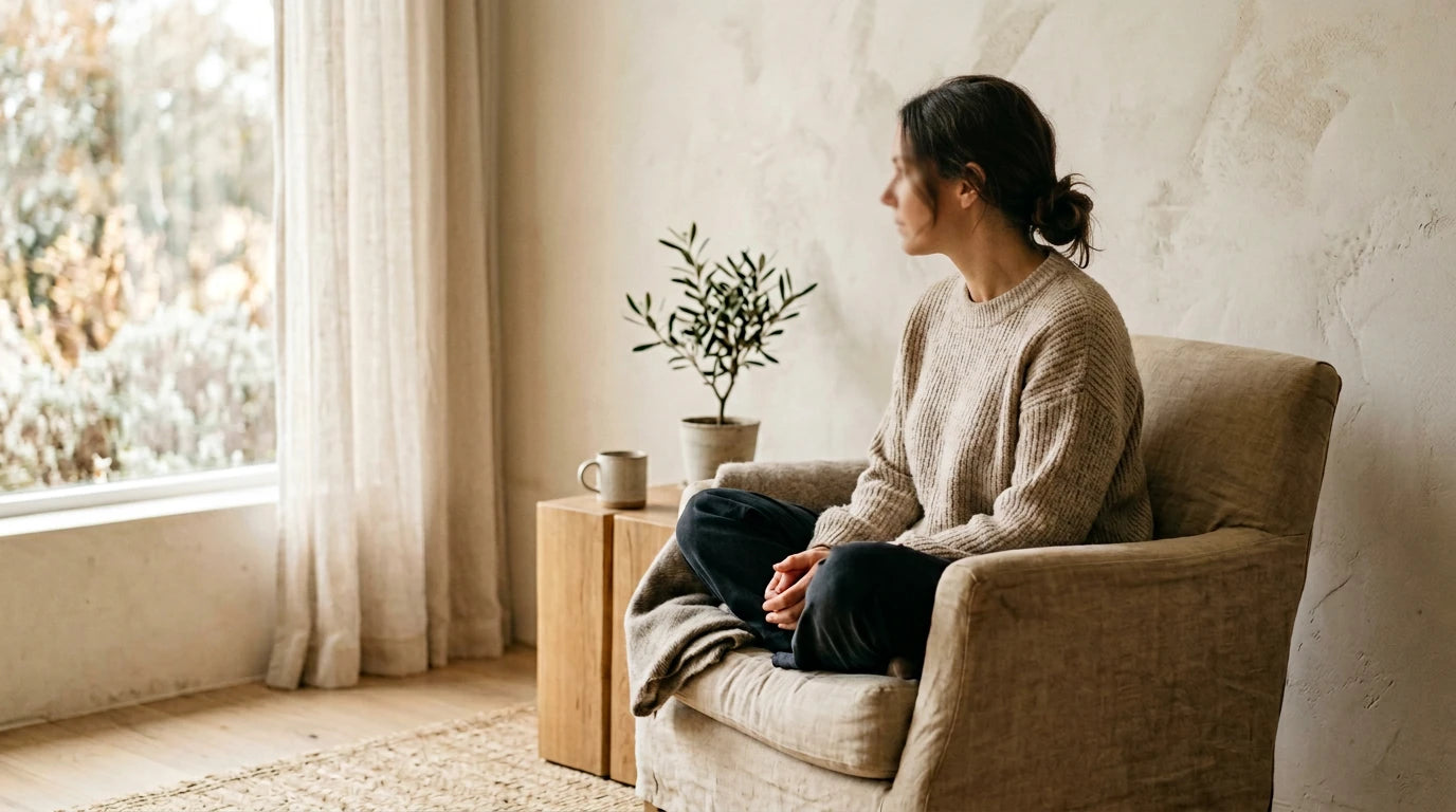 A woman in quiet reflection — exploring questions about body shame, self-knowledge, and self-acceptance