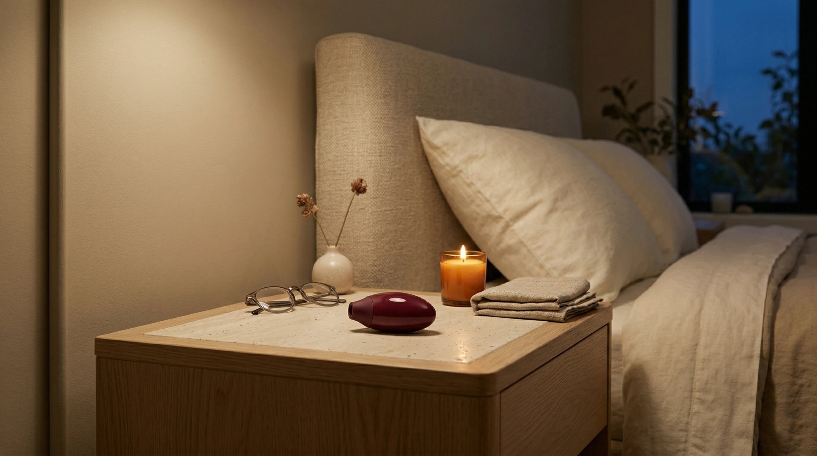 A private, dignified evening self-care setup — a personal massager as a tool for body self-knowledge