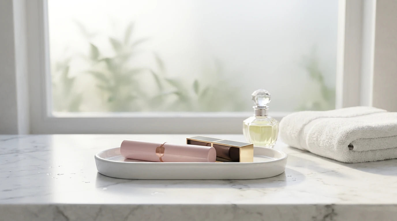 Lipstick vibrator on bathroom shelf beside real cosmetics — discreet storage in plain sight
