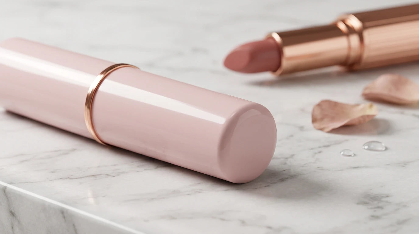 Close-up of a lipstick vibrator beside a real luxury lipstick — indistinguishable by design