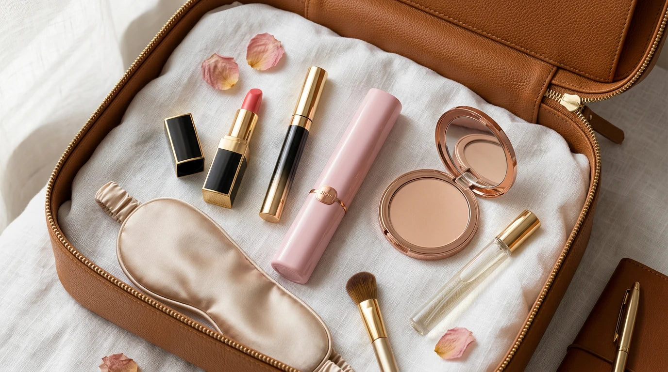 Lipstick vibrator nestled inside a makeup bag alongside real cosmetics — completely discreet