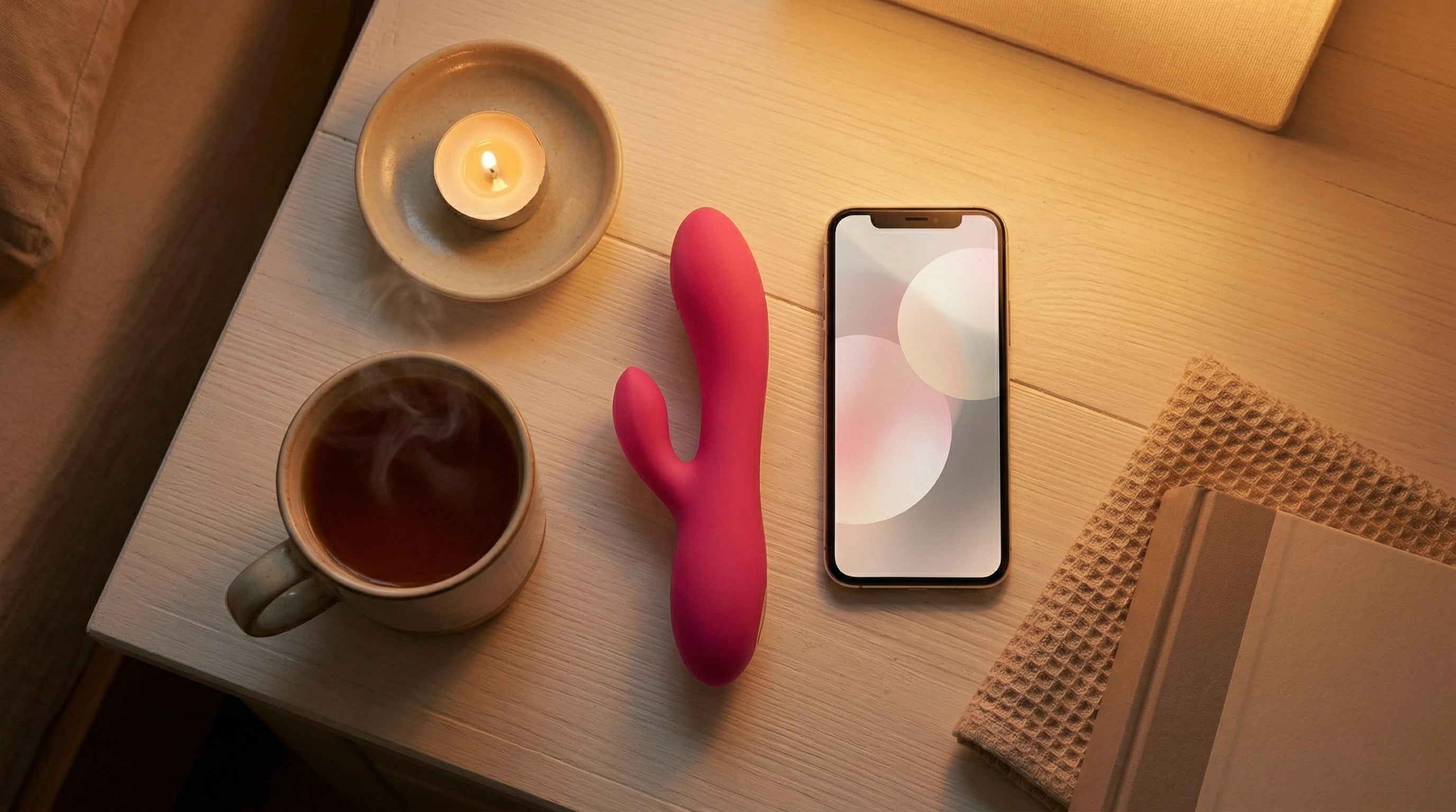 Long distance vibrator on bedside table with smartphone — intimate connection for couples apart