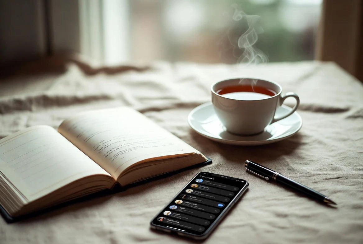 Journal and phone on a linen surface representing a thoughtful pattern check for intense dating behavior