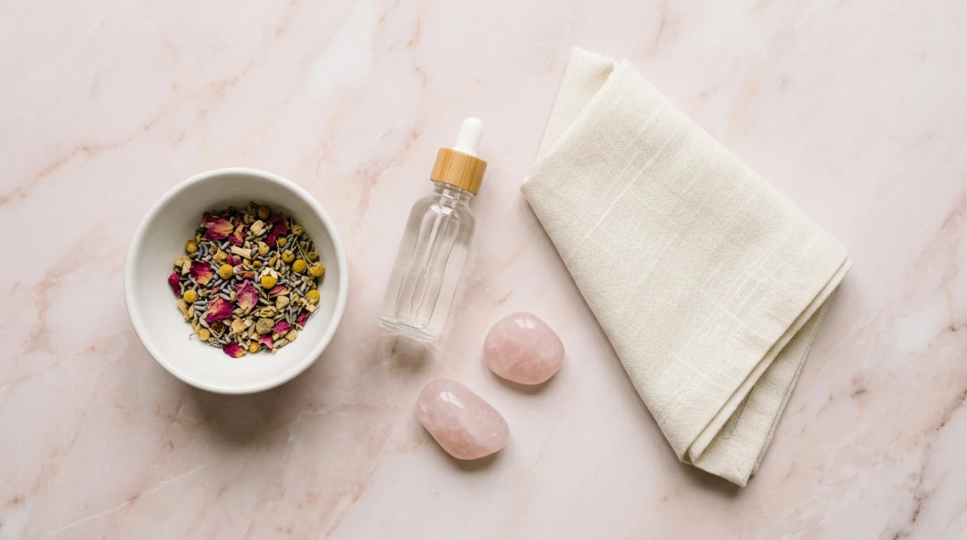 Hormonal wellness flat lay — estrogen balance, bone health, and pelvic care by Xindari