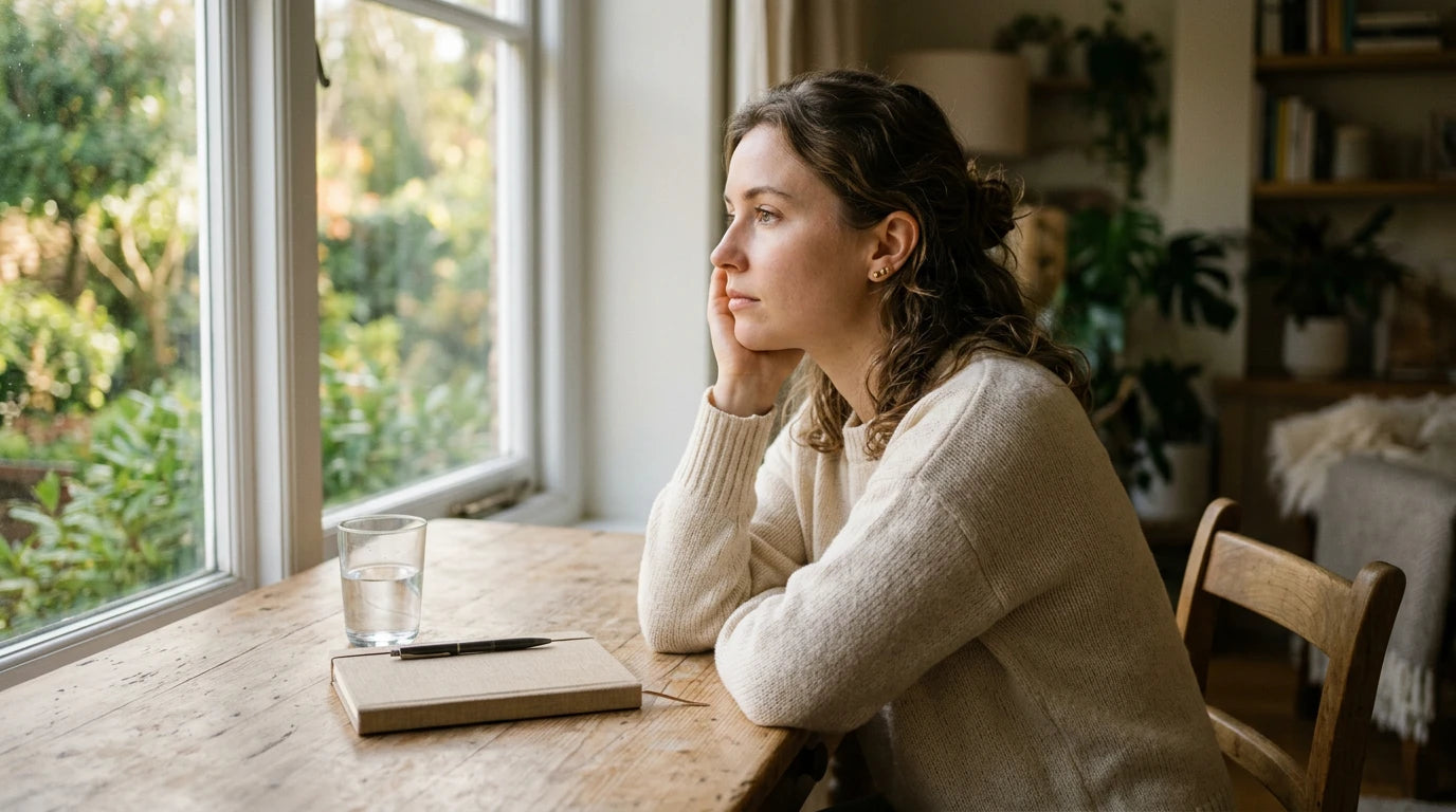 Woman sitting pensively at a desk — experiencing low estrogen symptoms including brain fog and mood changes
