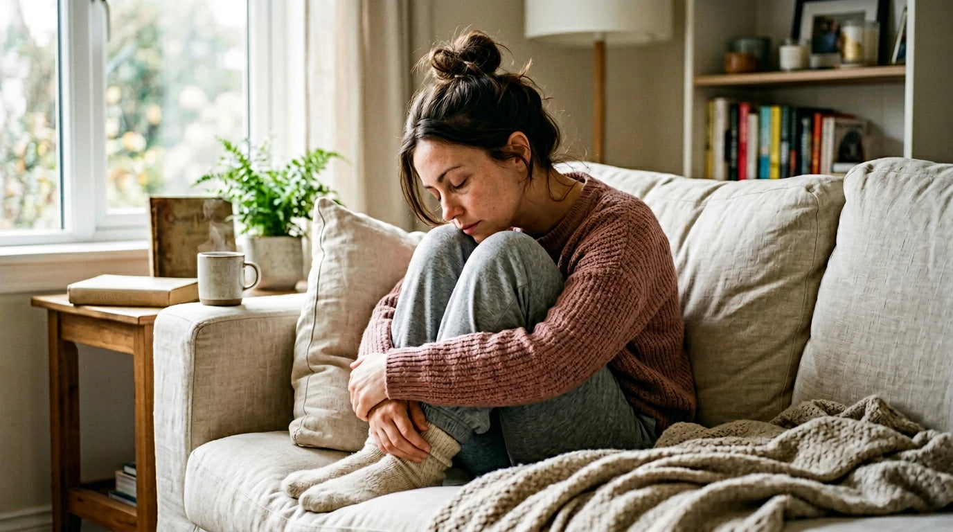 Woman resting quietly on a sofa — experiencing low progesterone symptoms including anxiety and sleep disruption