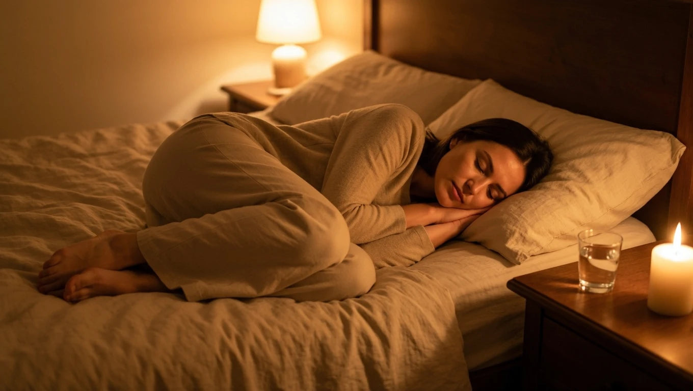 Woman resting in warm evening light — supporting progesterone recovery through sleep and nervous system regulation