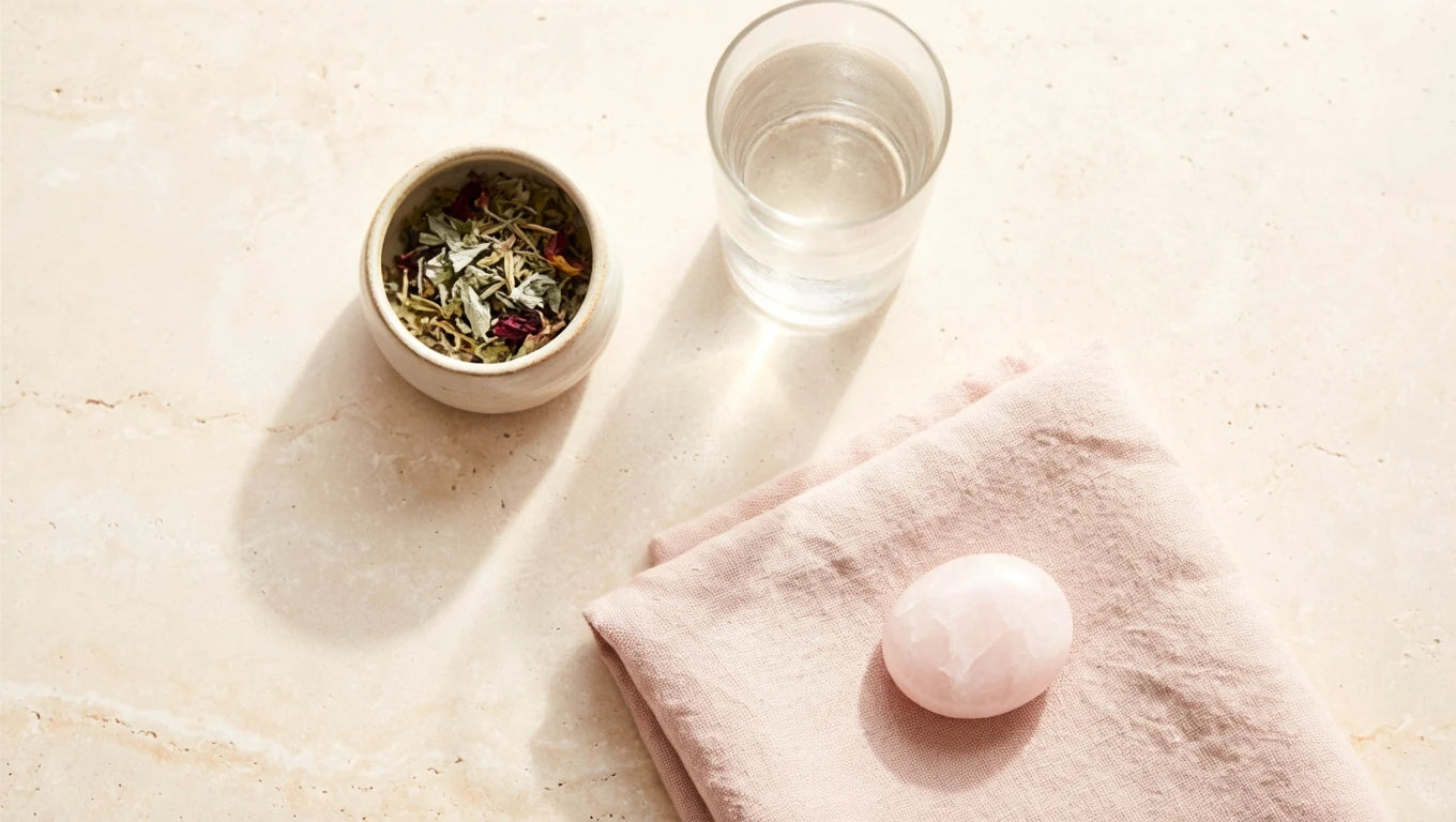 Wellness flat lay representing the cortisol-progesterone relationship — adrenal support and hormonal balance