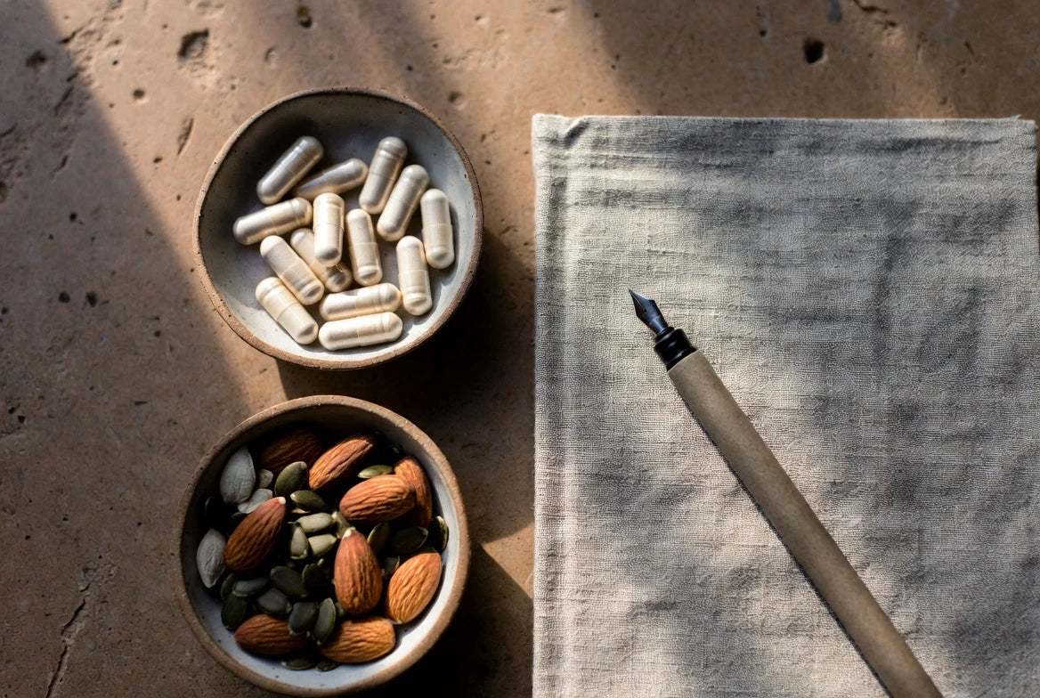 Magnesium capsules and magnesium-rich foods arranged in a calm evening flat lay