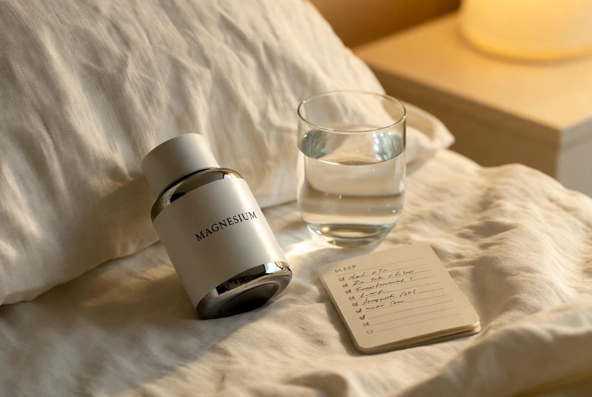 Bedside magnesium routine with a sleep journal and warm evening lighting