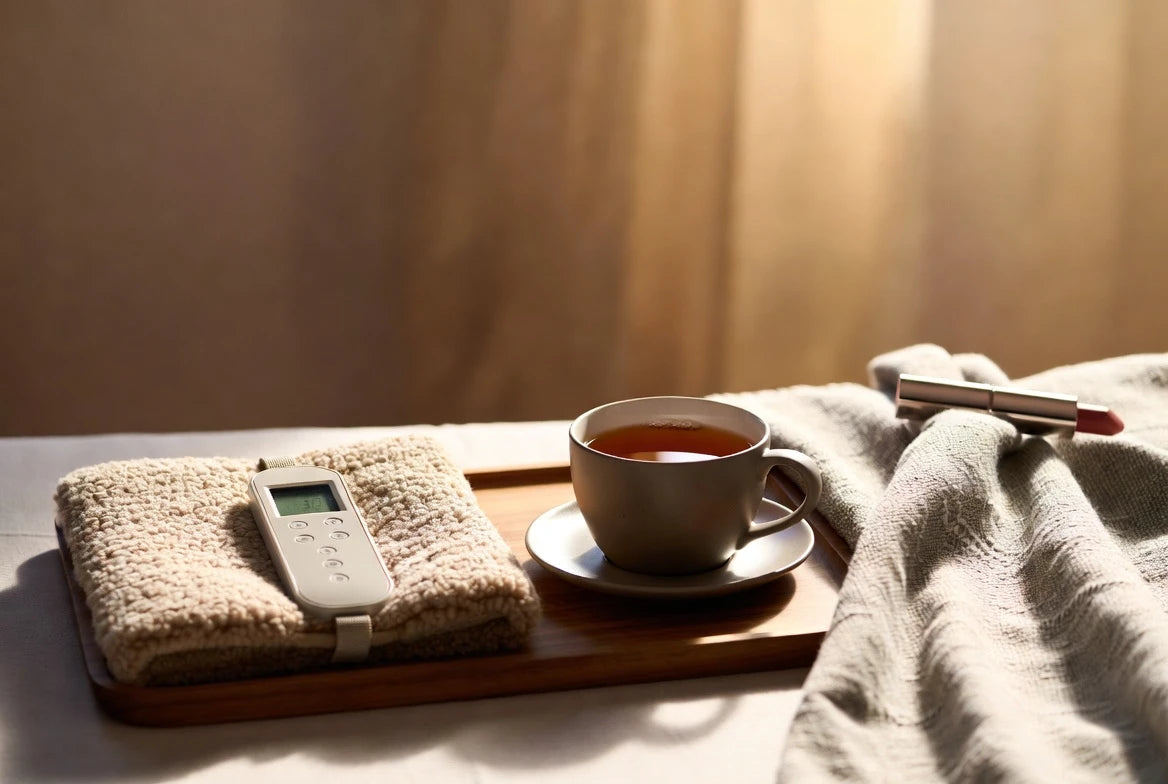 Bedside self-care ritual for menstrual discomfort with tea and discreet wellness tool