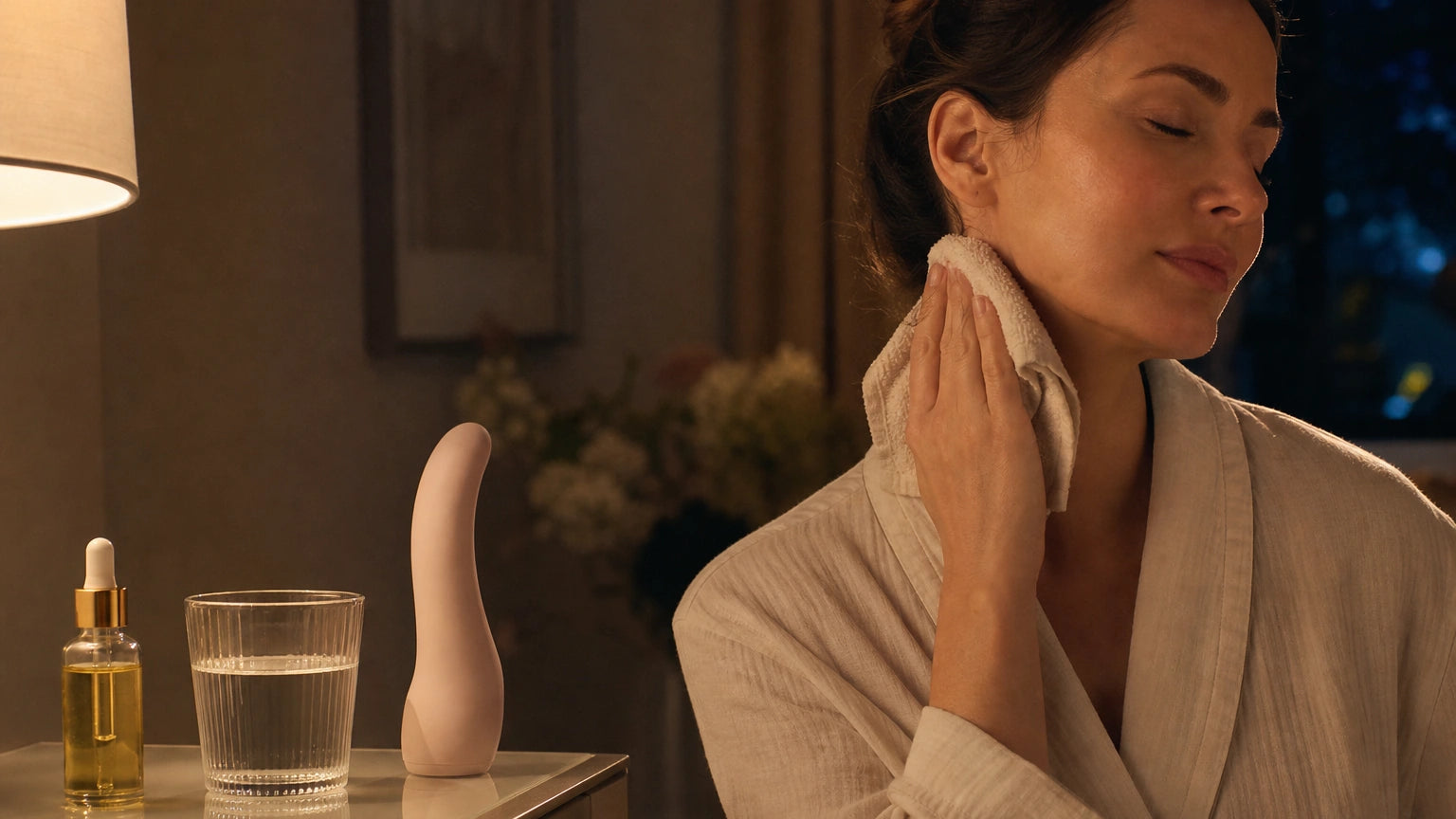 Adult woman using a warm washcloth near a minimalist nightstand with facial oil, water, and a discreet sculptural