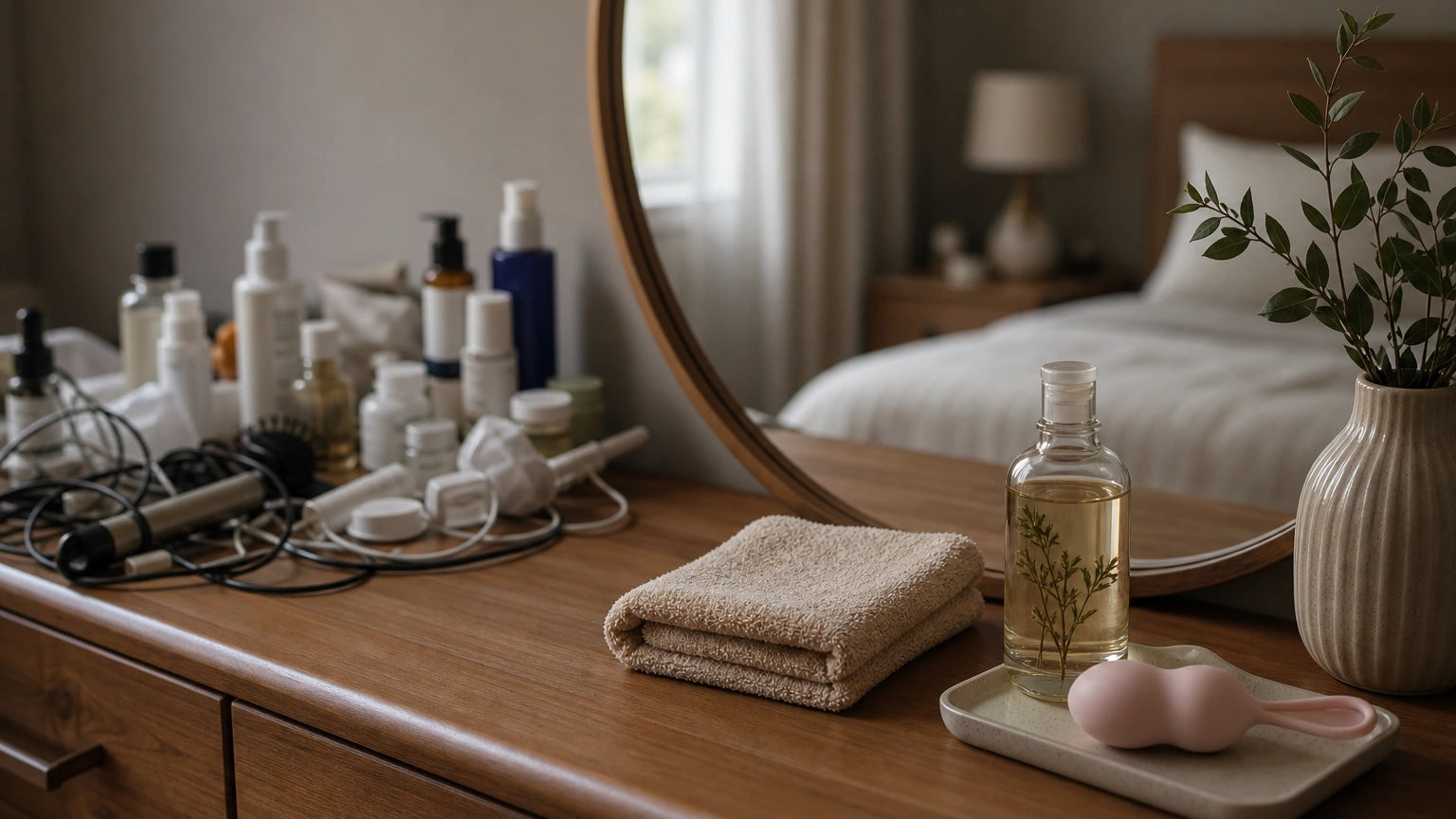 Bedroom vanity partially decluttered with a washcloth, botanical body oil, and tray replacing crowded products and cords