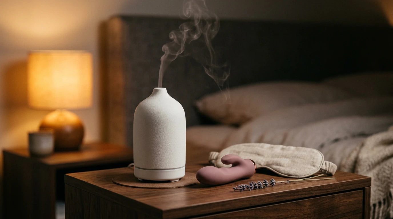 Nightstand sleep ritual — personal massager and calming wellness items for better rest