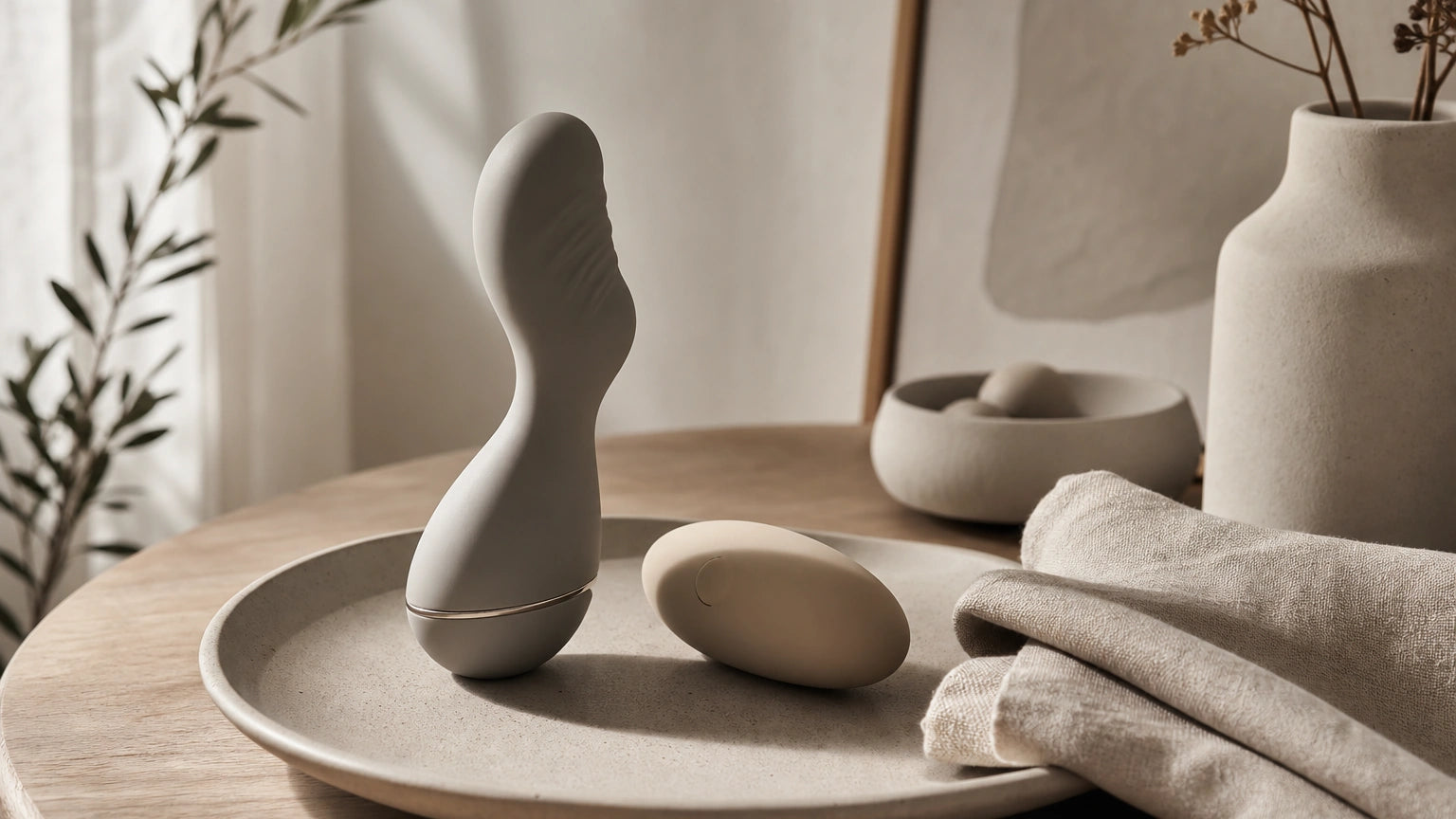 Matte silicone massager and pebble-shaped vibrator styled with ceramic decor and linen in muted neutral tones
