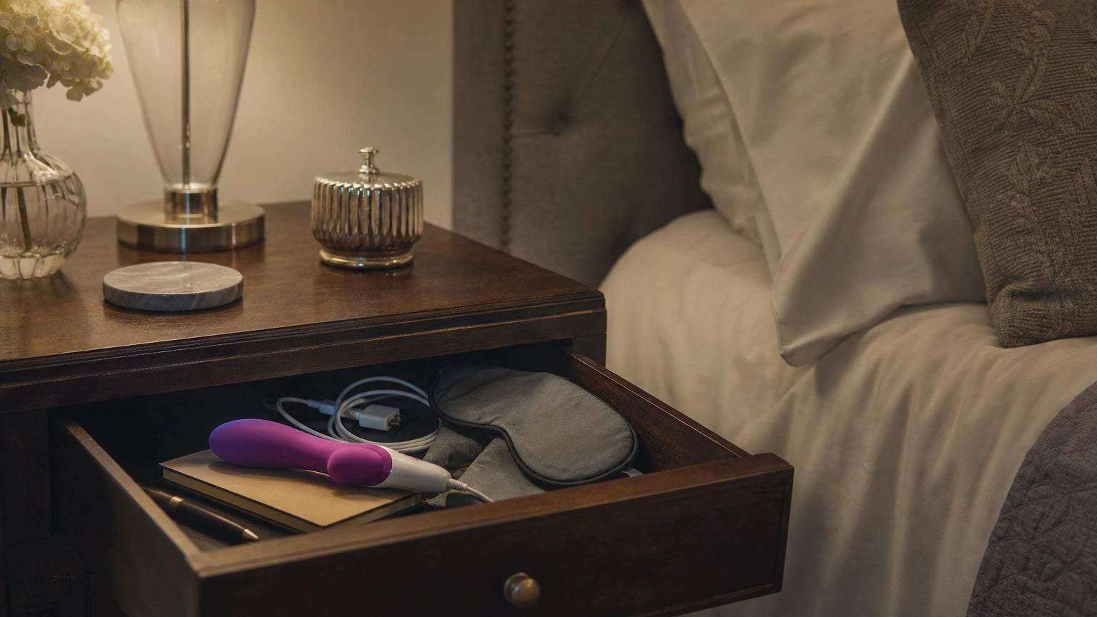 Partly open bedside drawer with a bright plastic vibrator hidden under everyday items in a calm bedroom