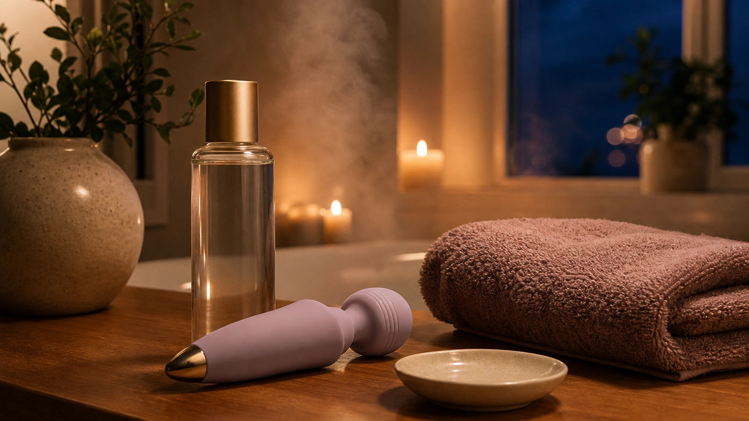 Pre-sleep massage routine setup with personal massager, body-safe lubricant, and warm washcloth in a calm bathroom