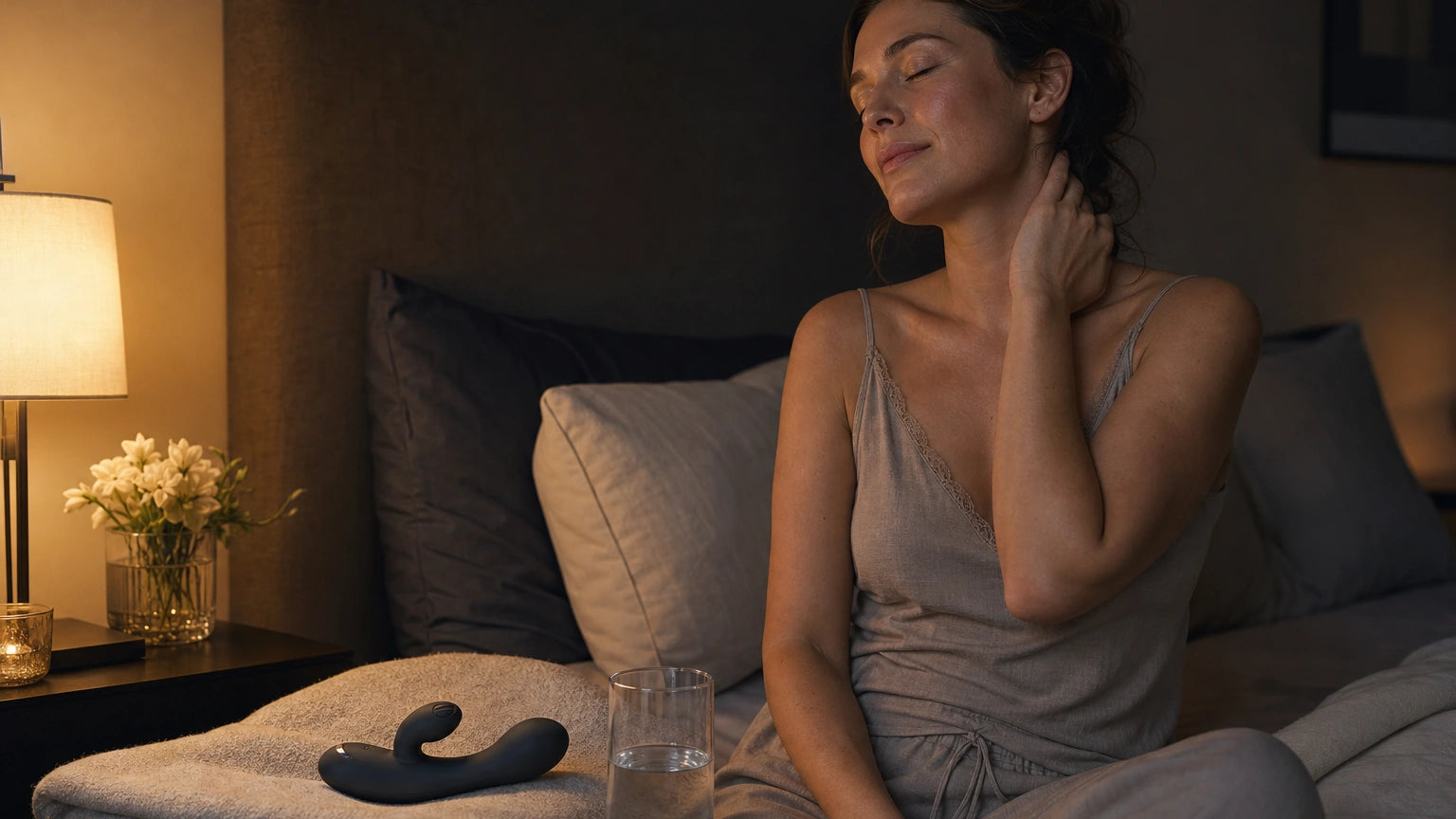 Adult woman winding down at bedside with a silicone vibrator and calming nighttime setting for massage and sleep