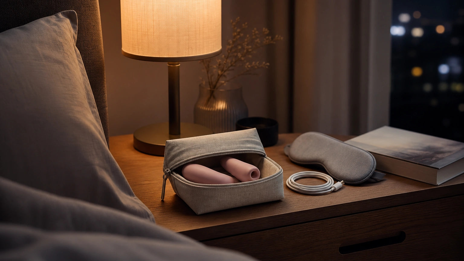 Discreet nightstand with suction toy and silicone massager for adult sleep relaxation routine