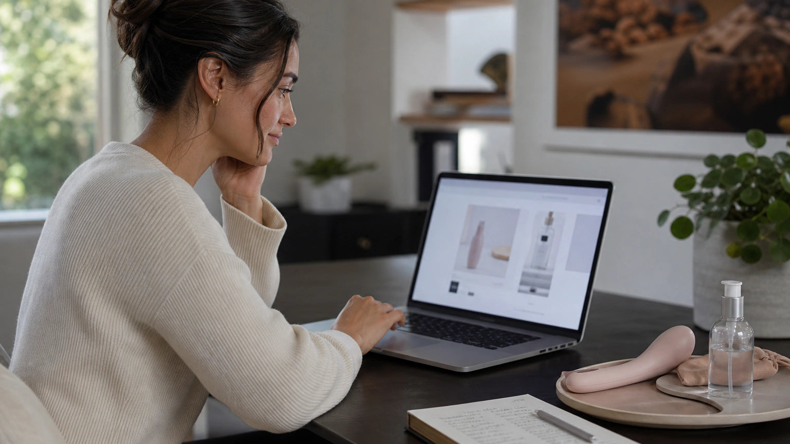 Adult woman checking materials, certifications, and ingredients for a body-safe intimate product and lubricant