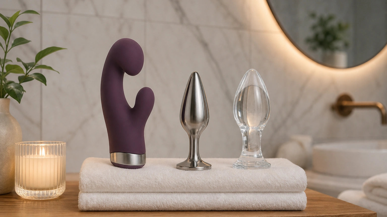 Medical-grade silicone, stainless steel, and borosilicate glass adult intimate products displayed as safer material