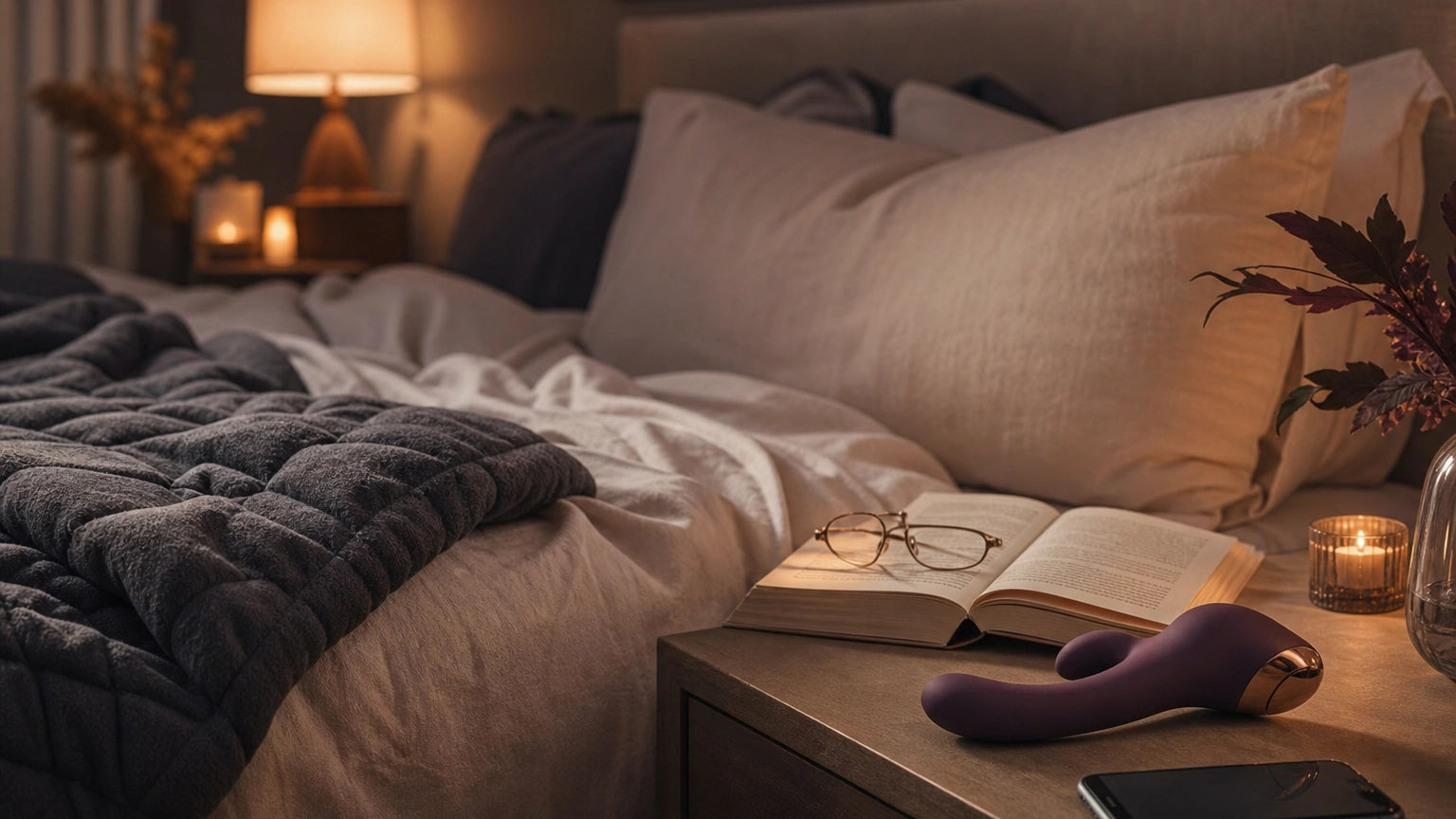 Calm bedroom with soft lighting, weighted blanket, and book creating a restorative evening routine