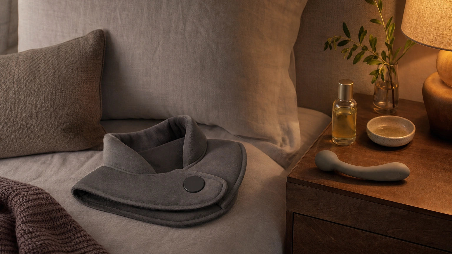 Heated neck wrap, body oil, and silicone massager arranged on a bedside table for a nighttime self care routine