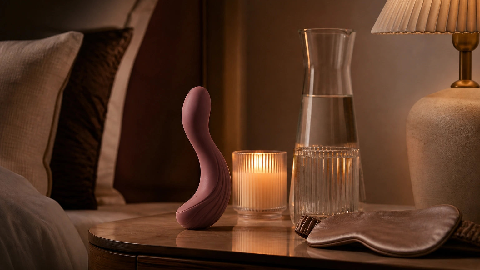 Sculptural silicone vibrator on a nightstand with candle and sleep mask in a discreet adult bedtime setting