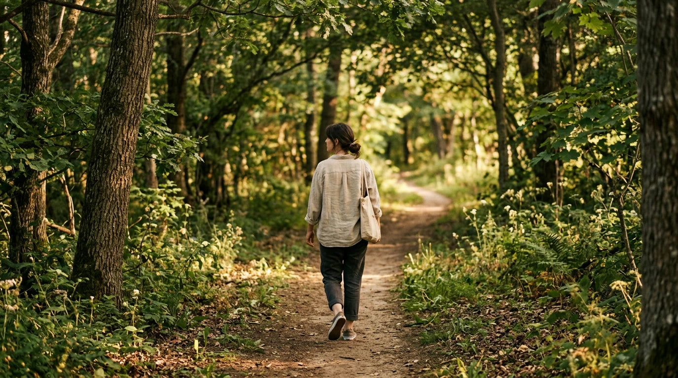 Woman on a slow walk in nature — outdoor movement is one of the most effective ways to reduce cortisol naturally