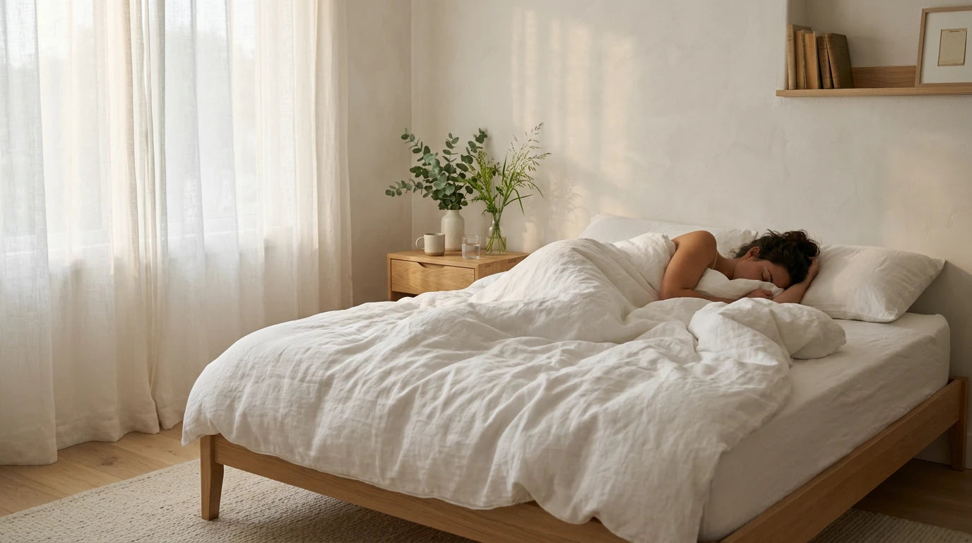 Woman asleep in a minimal bedroom — sleep is the highest-leverage natural method to reduce cortisol