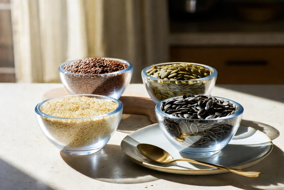 Four bowls of flax pumpkin sesame and sunflower seeds arranged for a seed cycling routine