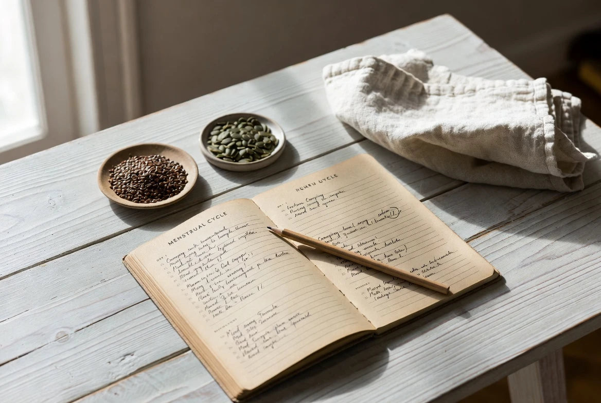 Symptom tracking journal beside flax and pumpkin seeds for a hormone pattern check