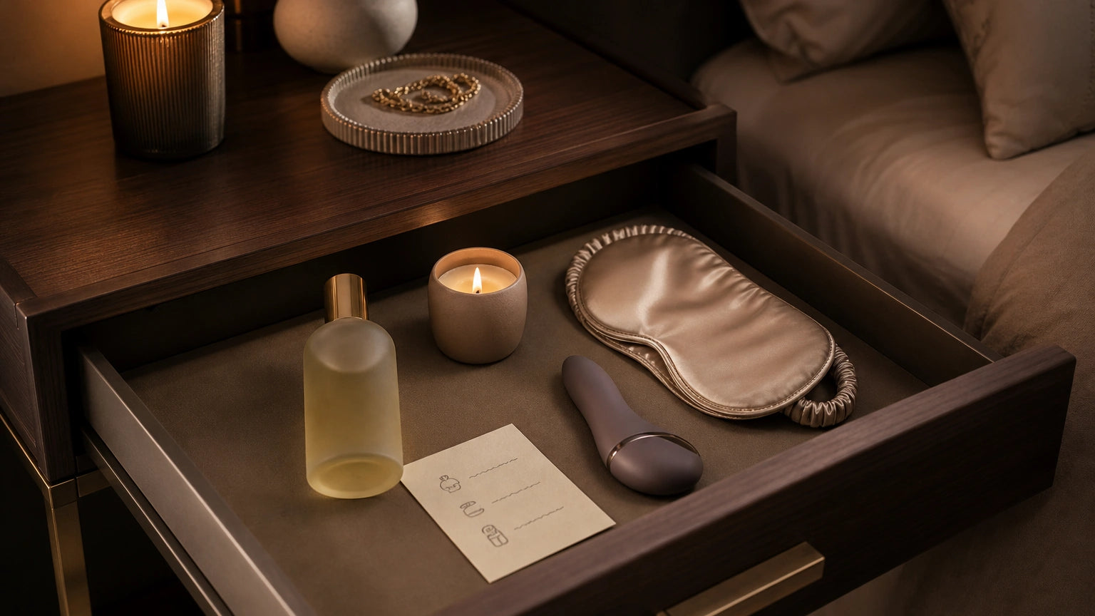 Nightstand drawer with body oil, candle, sleep mask, and compact silicone massager arranged for a personalized