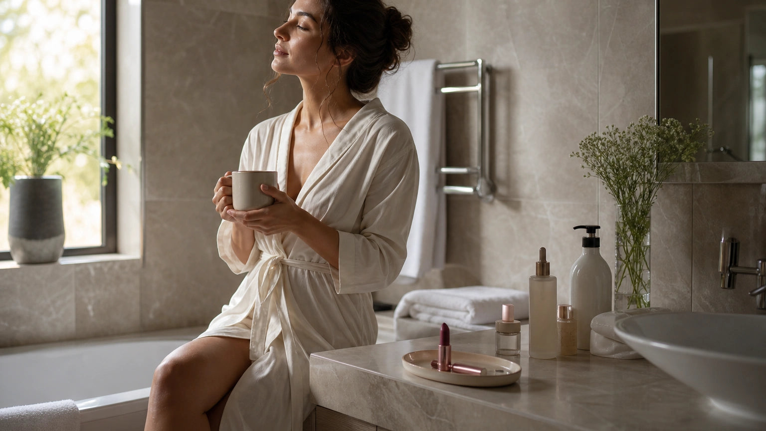 Bathroom tray with skincare products, folded towel, and a discreet lipstick vibrator for a quick self-care ritual
