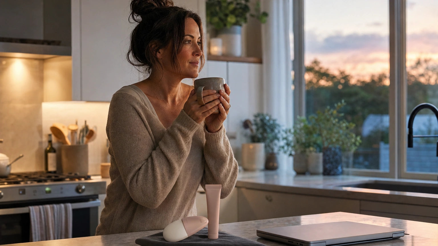 Busy woman holding a warm mug at the kitchen counter with hand cream and a closed laptop nearby