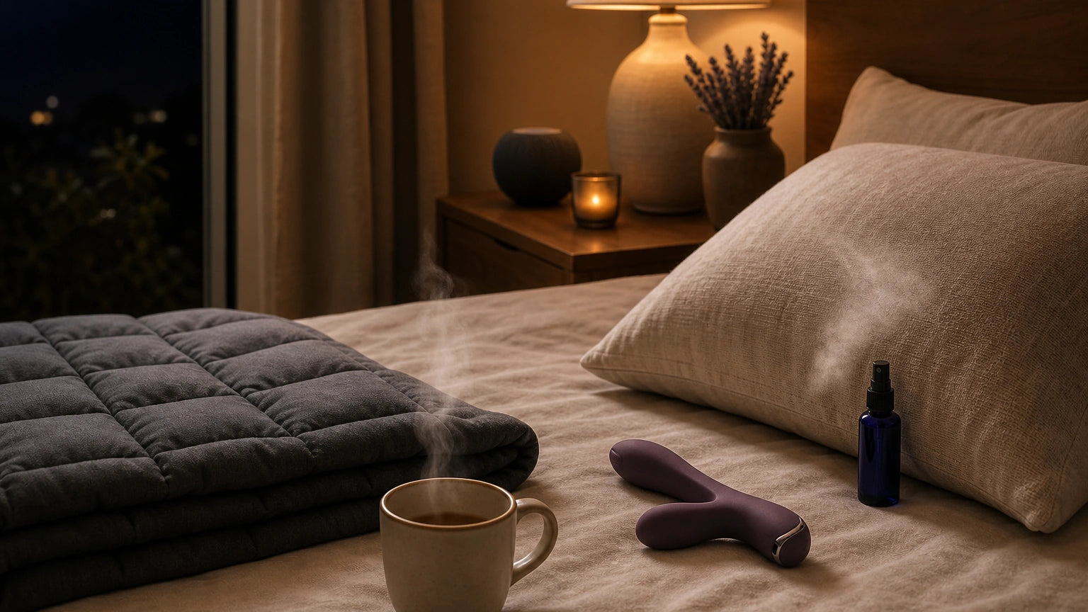 Warm bedside setup with a weighted blanket, steaming mug, lavender pillow mist, and soft lamp for sensory grounding
