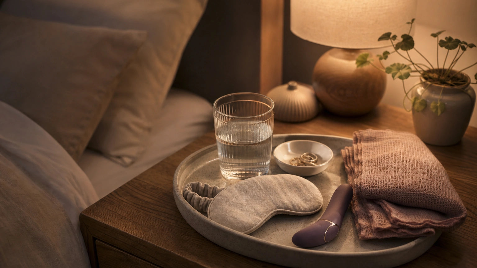 Curated nightstand with water, linen eye mask, and folded blanket for a calming bedtime grounding routine