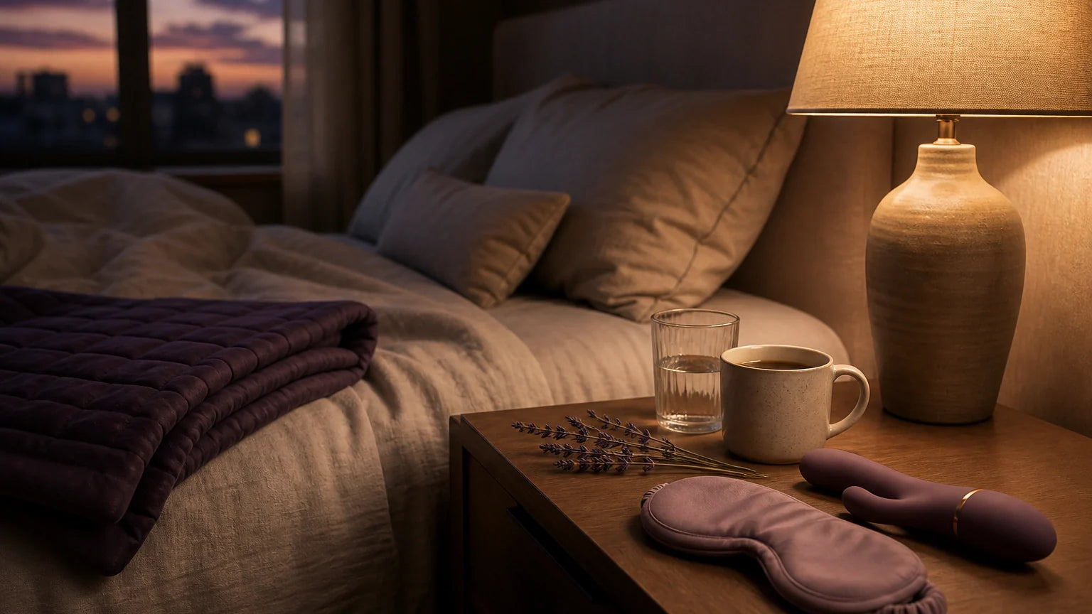 The Art of Sensory Grounding: Transitioning from Day to Night: guide image about show a calm, low-lit bedside