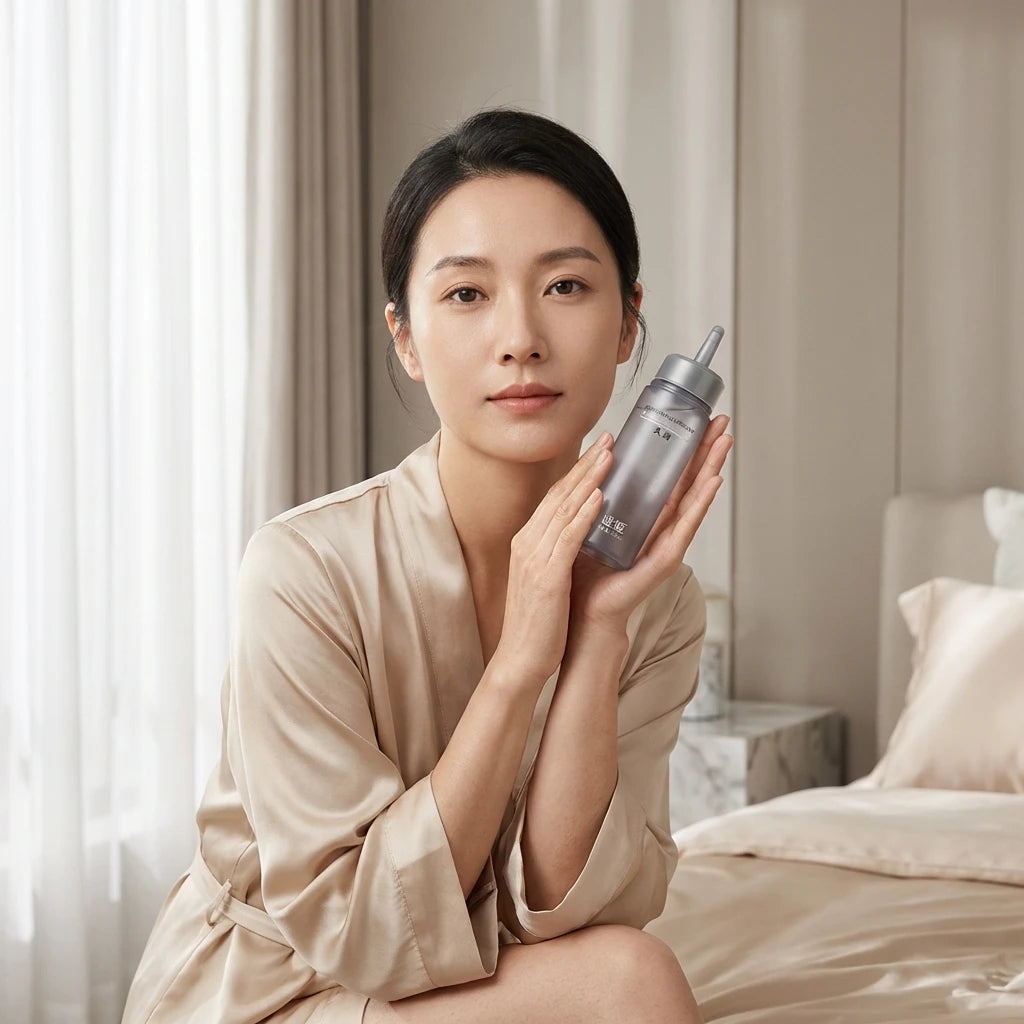 Woman relaxing in bedroom with Xindari skin-friendly water-based lubricant for her self-care ritual