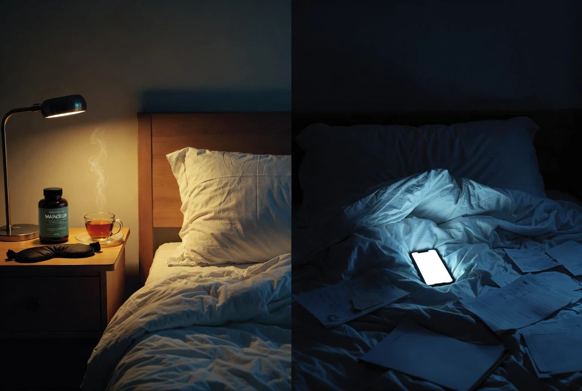 Bedtime calm routine contrasted with late-night phone use and overstimulation