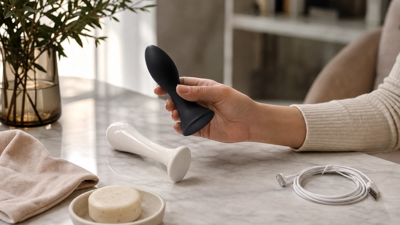 Hand comparing a sculptural matte silicone massager with a glossy plastic intimate product beside cleaning and charging